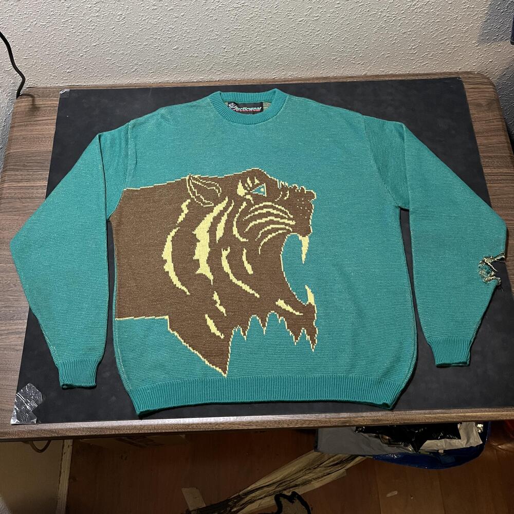 Vintage Arcticwear 1970s Sweater Mens 2XL Thunder Cats Tiger Pullover Knit USA